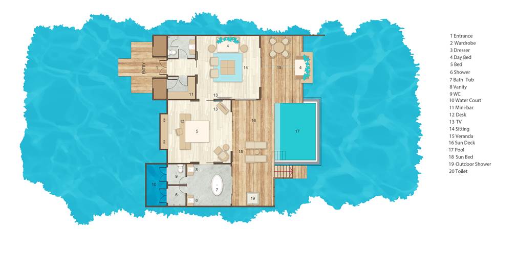 Floor Plan of Grand Ocean Suite Sun Siyam Iru Veli 