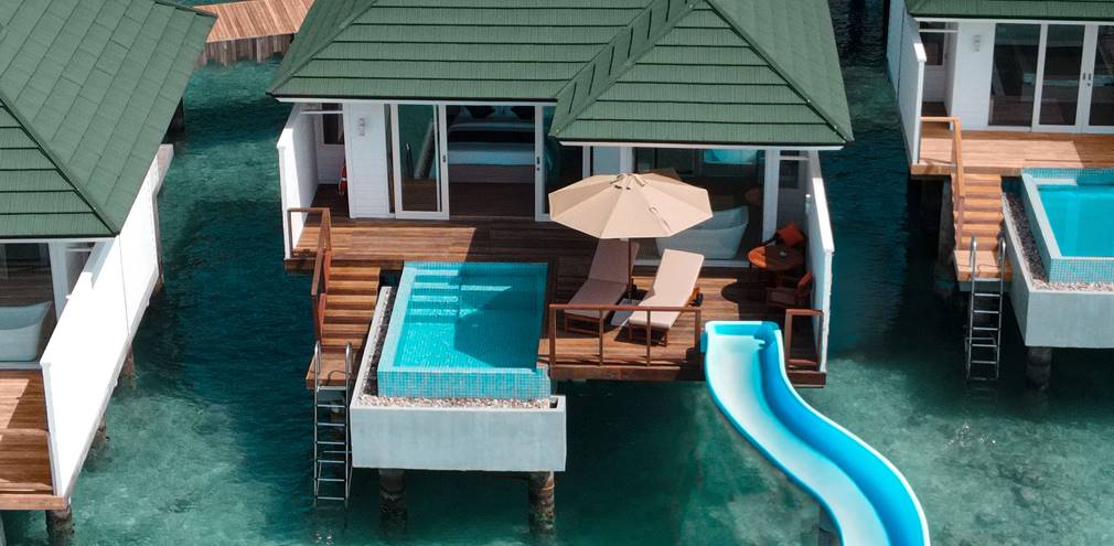 Aerial View Water Villa With Pool + Slide 