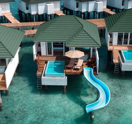 Aerial View Water Villa With Pool + Slide 